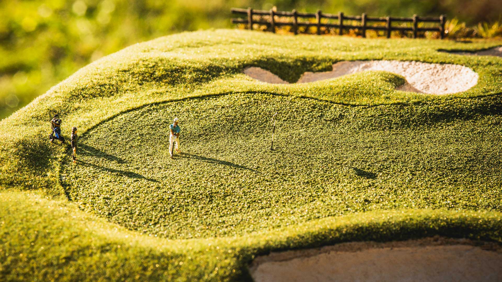 Detailed replica of Pebble Beach Hole 6 green in sunlight crafted as a micro landscape