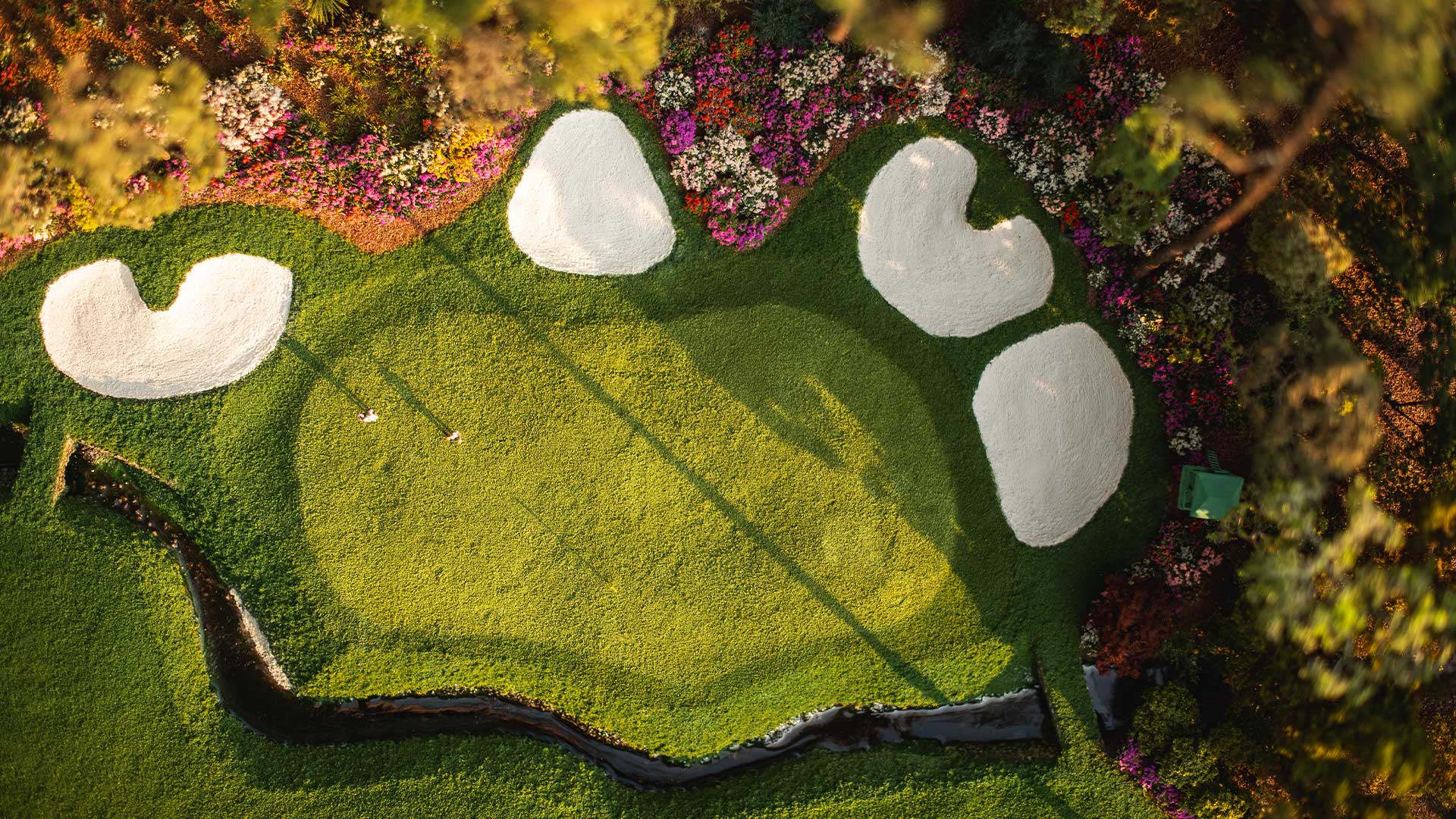 Aerial view of a detailed golf green micro landscape with bunkers and contours inspired by a legendary Southern Georgia course
