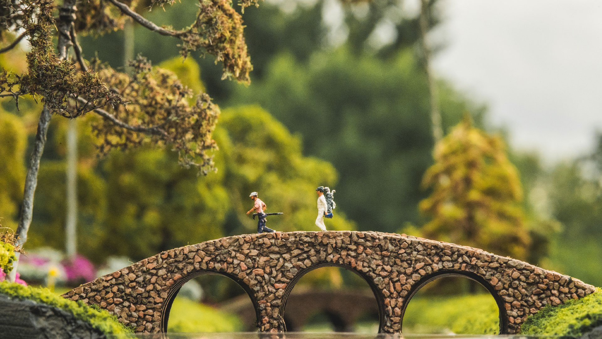 Replica of Golfers Crossing Cobblestone Bridge Micro Landscape