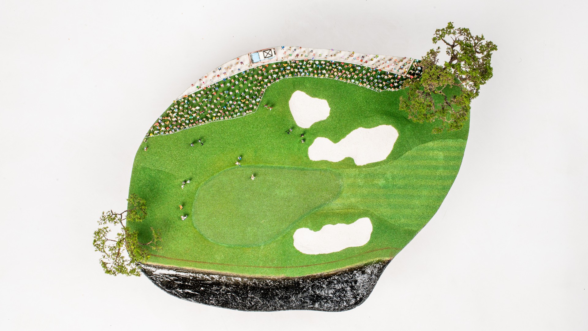 Overhead view of golf micro landscape featuring the final hole of the Charles Schwab Challenge