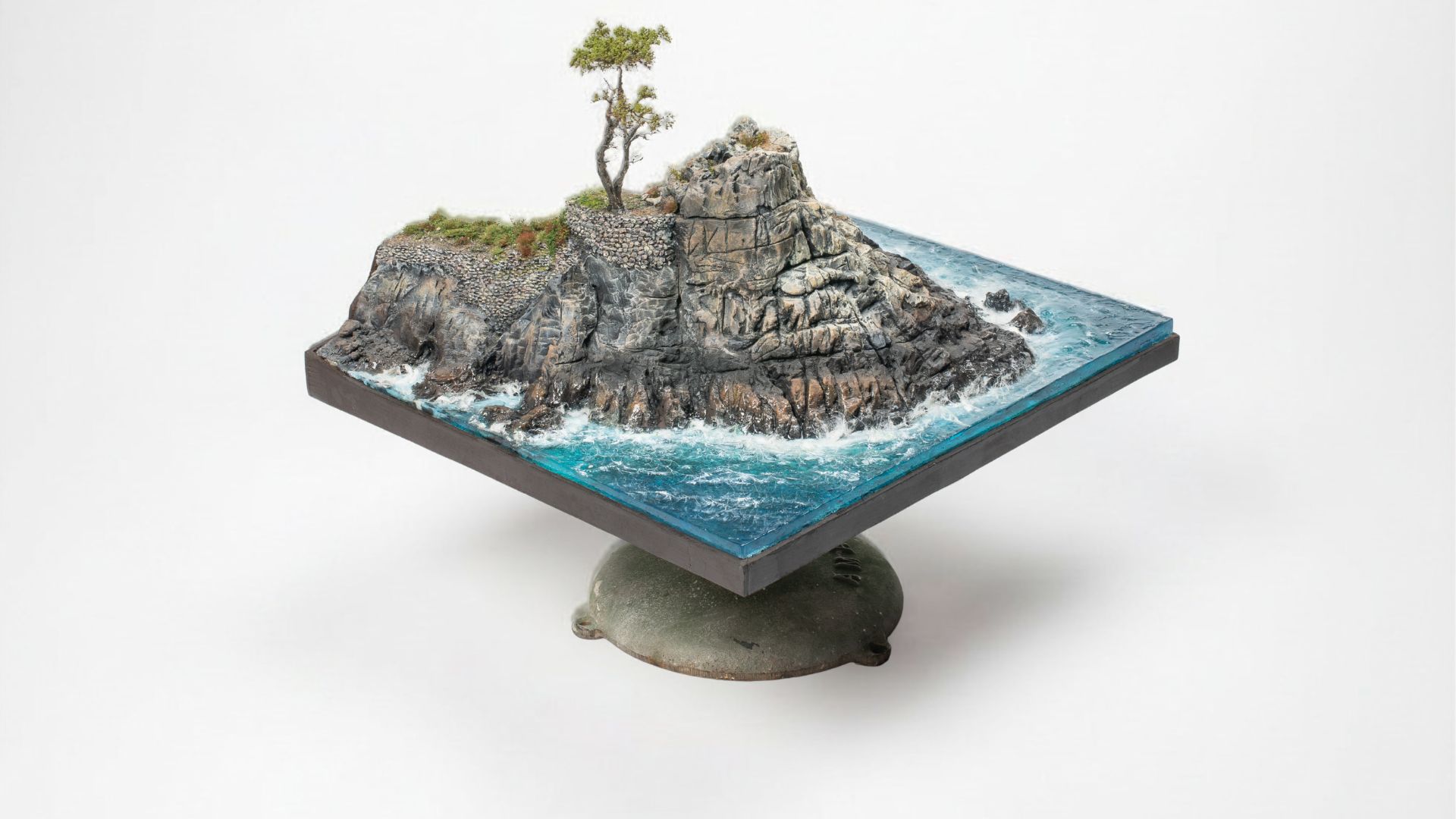 Micro landscape artist adding details to a handcrafted Lone Cypress miniature landscape